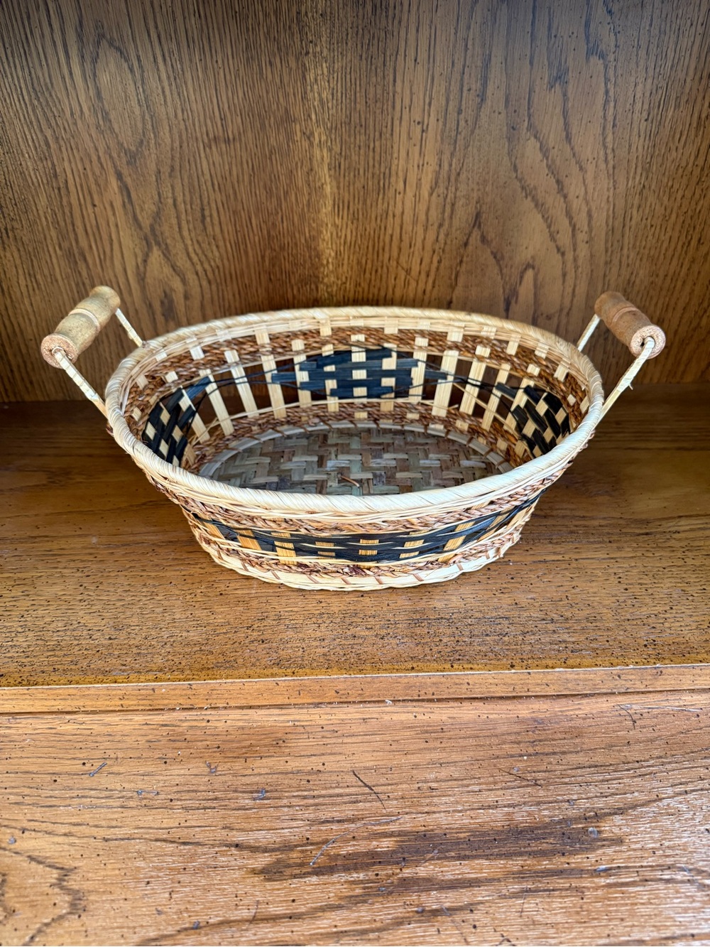Woven Oval Serving Basket with Handles - Natural and Black